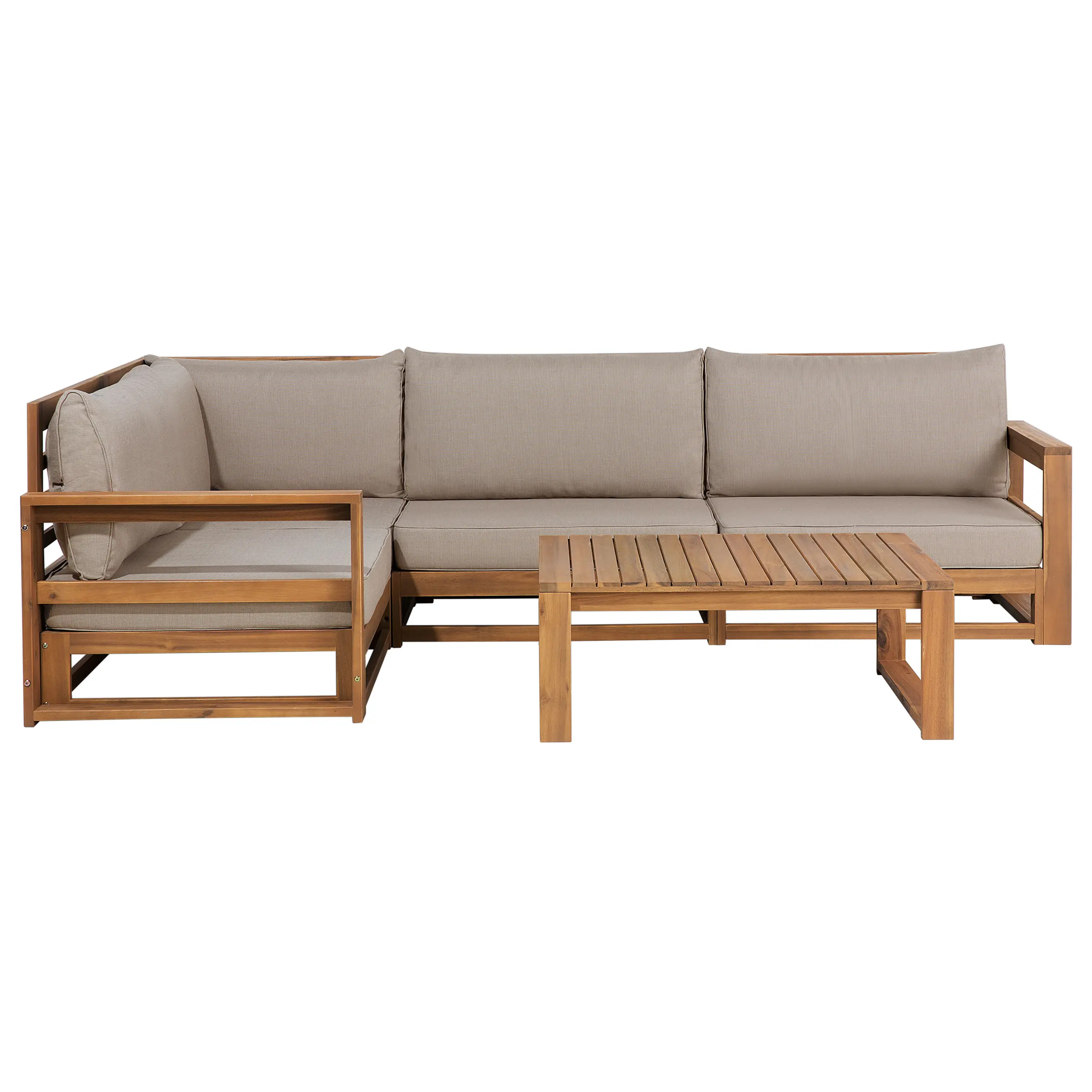 Ensemble de Jardin Coussins Taupe avec Table Basse et Canapé d’Angle en Bois d’Acacia Confort d’Assise Optimal Beliani