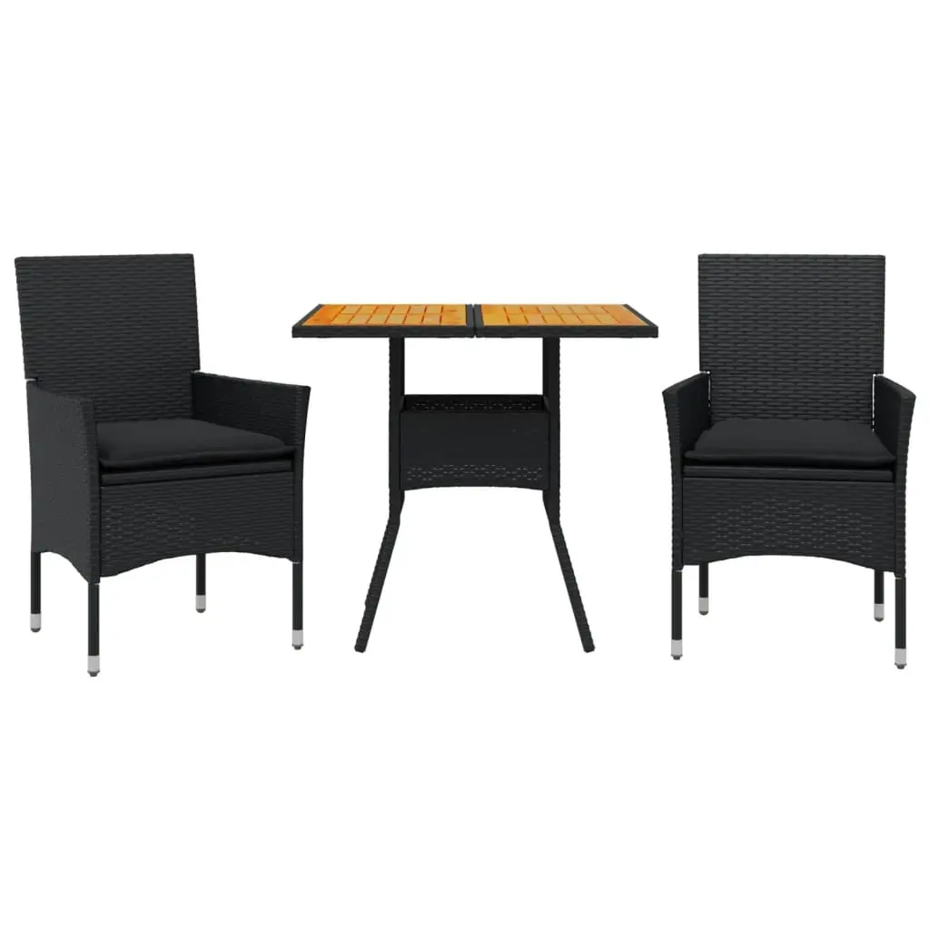 Ensemble de 3 pcs table de jardin et chaises avec coussins – mobilier de jardin noir rotin acacia-JU2573