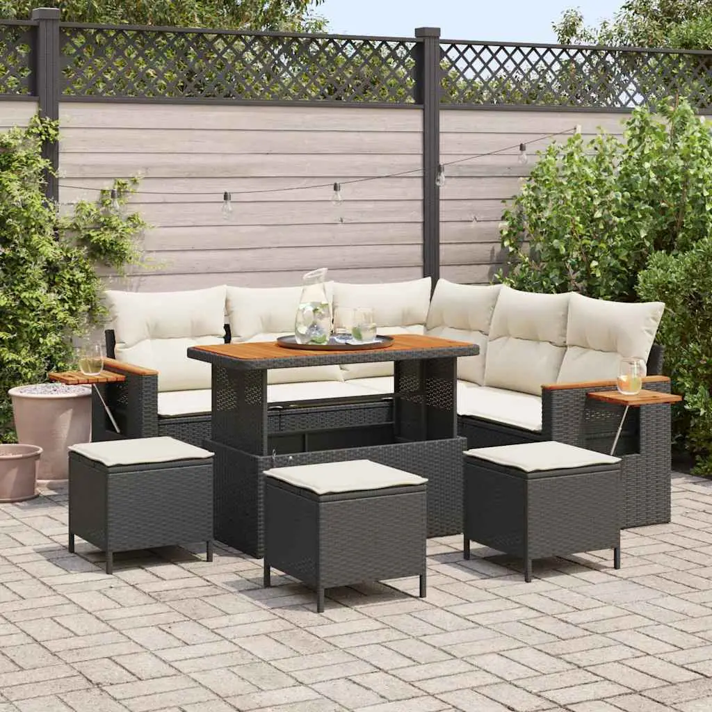 Ensemble Canapé Extérieur 9 Pcs Poly Rotin Noir et Coussins Crème avec Rangement et Table Basse Solide – ComfortXL Outdoor Living