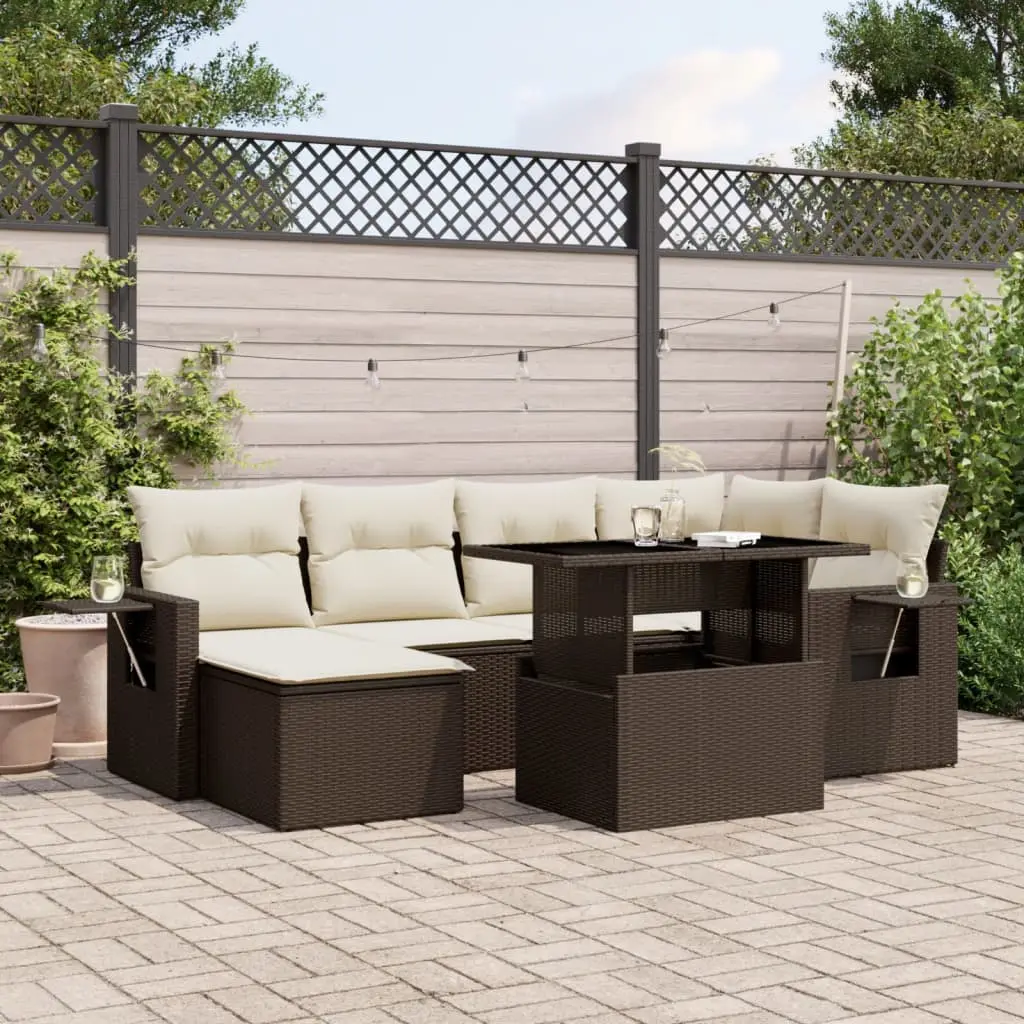 Ensemble de jardin modulable 6 places poly rotin avec table ajustable et pouf pour terrasse Marron Coussins Crème – ComfortXL Outdoor Living