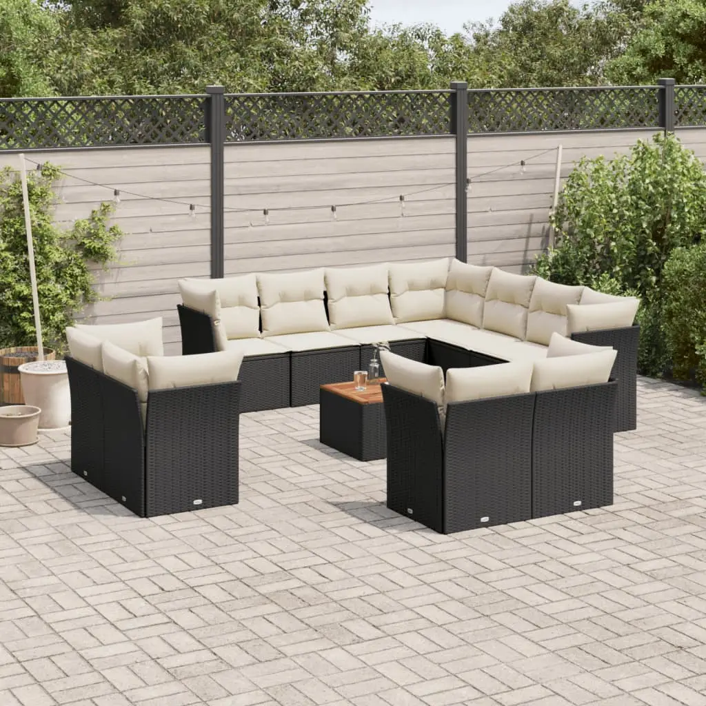 Ensemble canapés d’extérieur 11 places poly rotin modulable 12 éléments table bois pour patio Noir coussins crème – ComfortXL Outdoor Living