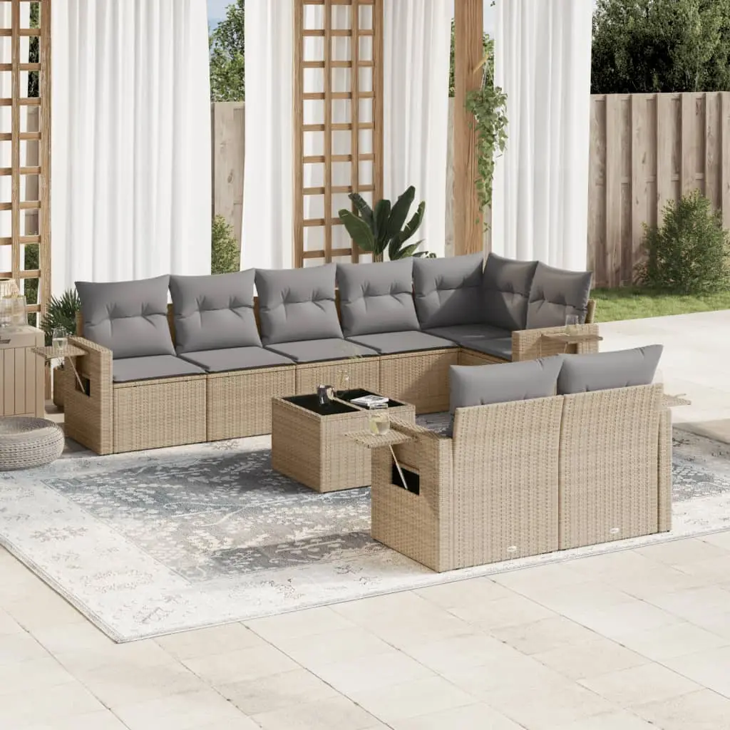 Ensemble de jardin modulable 9 pièces résine tressée et table en verre pour patio Beige et Gris clair – ComfortXL Outdoor Living