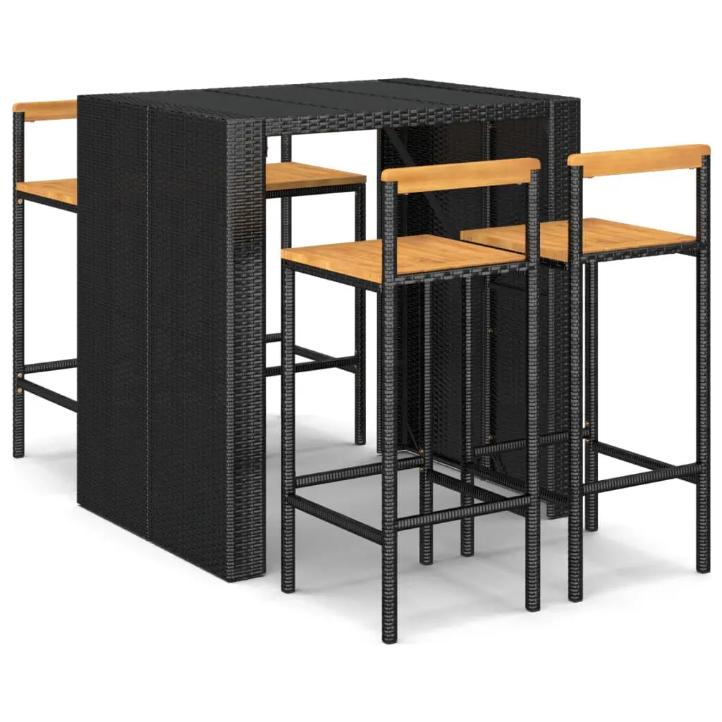 Ensemble de 5 pcs bar de jardin – Mobilier d’extérieur noir poly rotin/bois massif acacia-JU2140