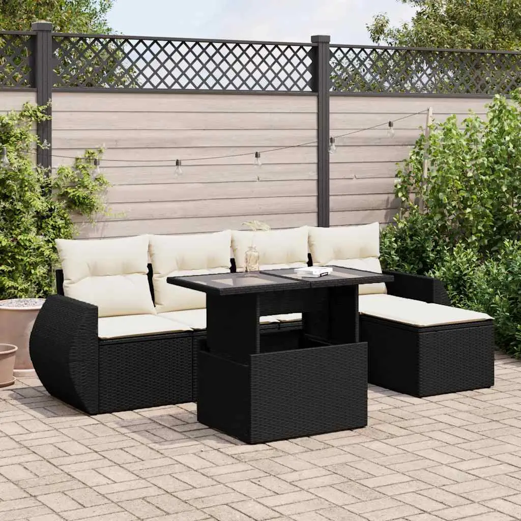 Ensemble de jardin 6 pièces résine tressée avec pouf rangement et table ajustable Noir – ComfortXL Outdoor Living