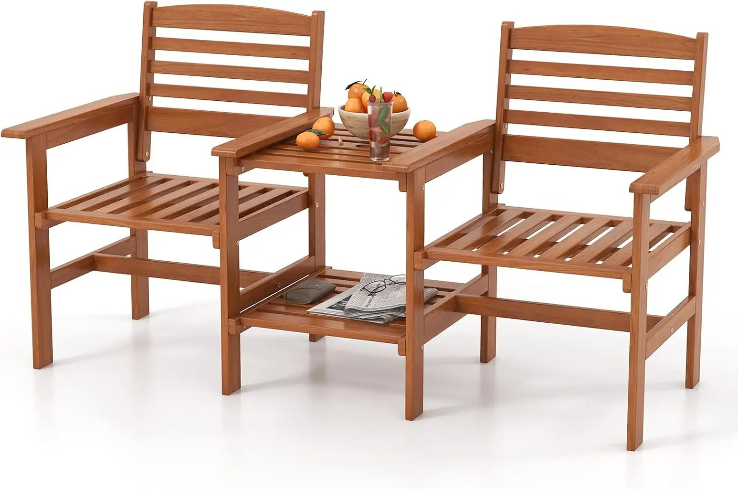Ensemble de Meubles de Patio 2 Places en Bois, Salon de Jardin avec 2 Chaises Table Basse et Trou pour Parasol (Combinaison)
