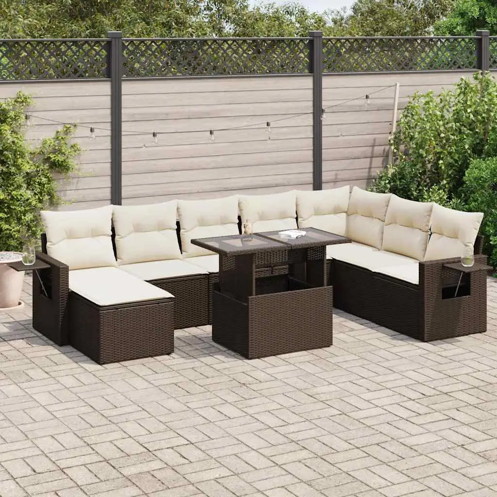 Ensemble de jardin 9 personnes résine tressée avec table relevable et pouf de rangement Marron – ComfortXL Outdoor Living