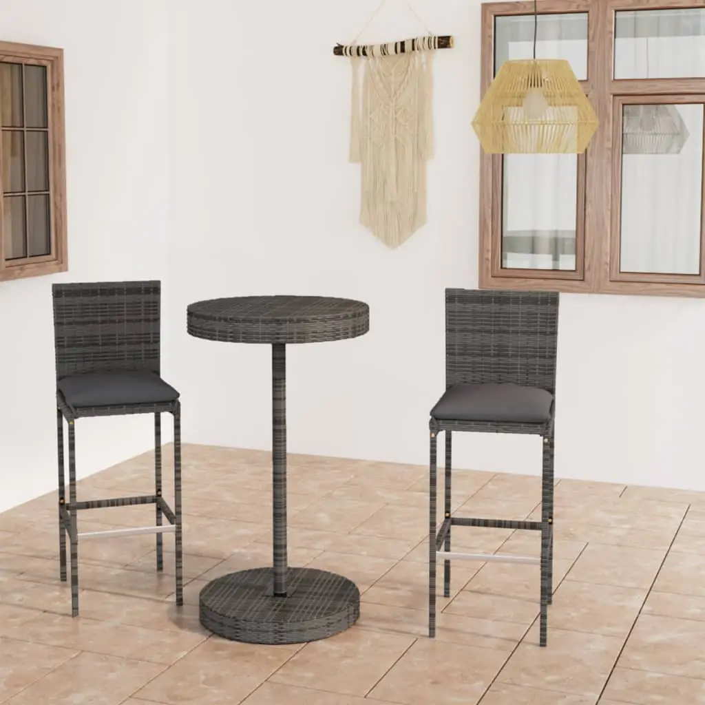 Ensemble de bar de jardin 3 pcs et coussins Résine tressée Gris vidaXL 3064765