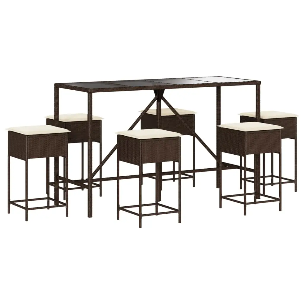 Ensemble de 7 pcs bar de jardin – Mobilier d’extérieur avec coussins marron poly rotin Brun