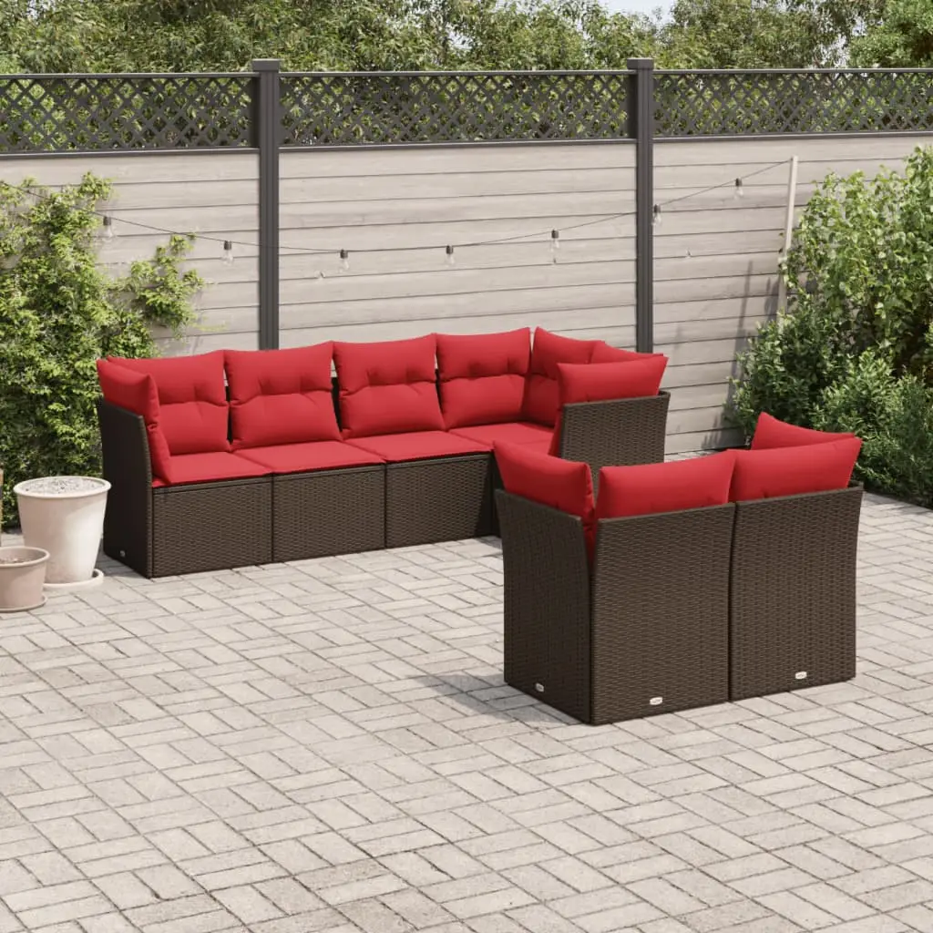 Ensemble canapés de jardin 7 places modulable en résine tressée pour extérieur Marron coussins rouges – ComfortXL Outdoor Living