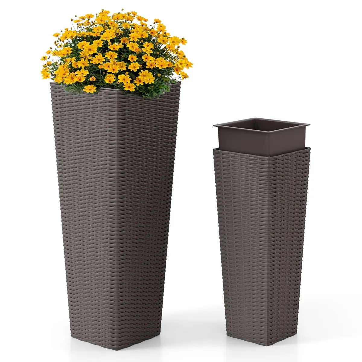 Ensemble de Pots à Plantes en Rotin Lot de 2 Grands Jardinières d’Extérieur avec Bacs Intérieurs Amovibles Trous de Drainage Café MAISON CHIC