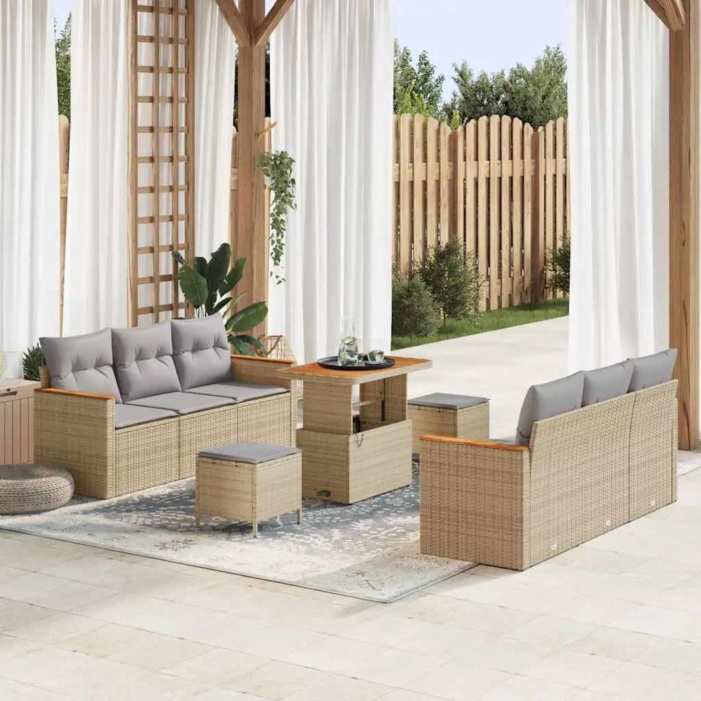 Ensemble de Jardin 8 Places 9 Pièces Résine Tressée Modulable avec 2 Poufs Carrés Beige – ComfortXL Outdoor Living