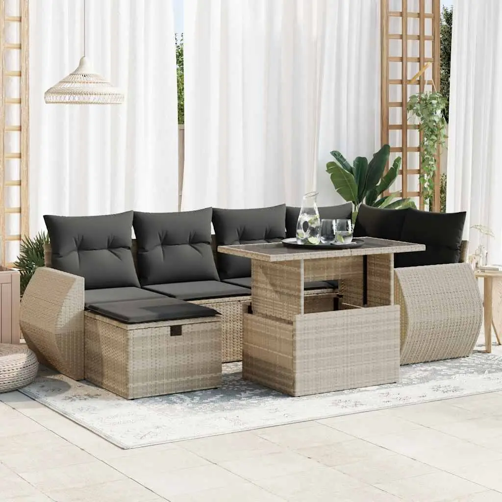 Ensemble de jardin 7 pcs résine tressée modulable avec pouf et table verre Gris Clair – ComfortXL Outdoor Living