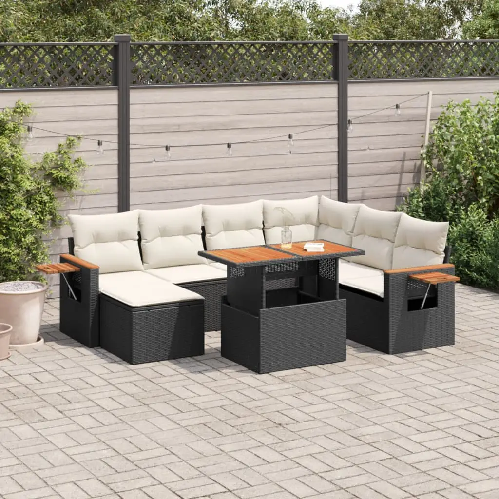 Ensemble de jardin 8 pcs en résine tressée avec table modulable et accoudoirs bois Noir – ComfortXL Outdoor Living