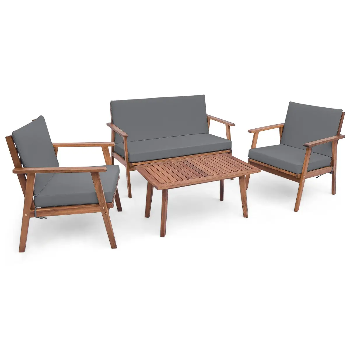 Ensemble de Meubles d’Extérieur 4 Pièces en Bois d’Acacia Salon de Jardin avec Table Basse Rectangulaire Coussins d’Assise Gris MAISON CHIC