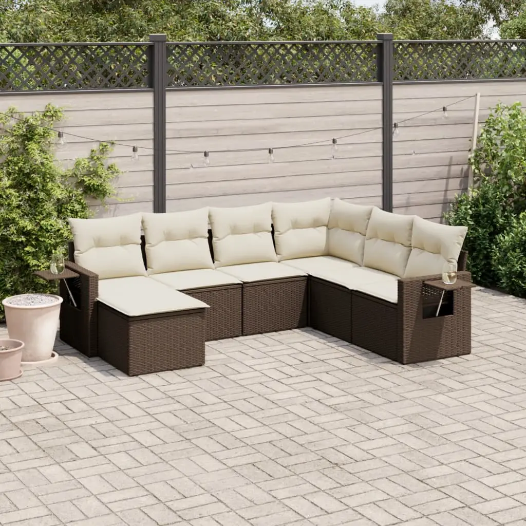 Ensemble de jardin 7 places en poly rotin modulable avec coffre de rangement et tablette Marron et Blanc crème – ComfortXL Outdoor Living