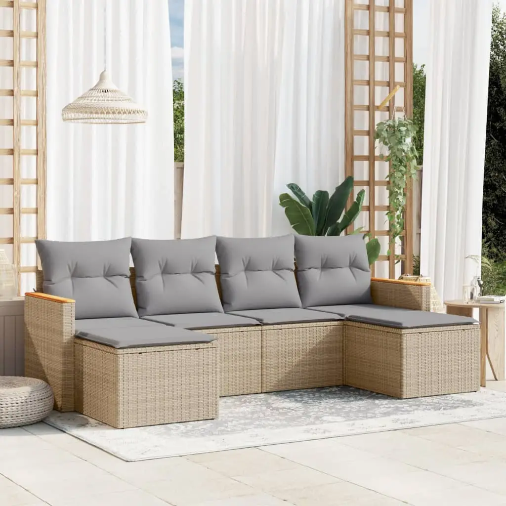Ensemble canapé de terrasse 6 places en résine tressée avec poufs modulables Beige chiné – ComfortXL Outdoor Living