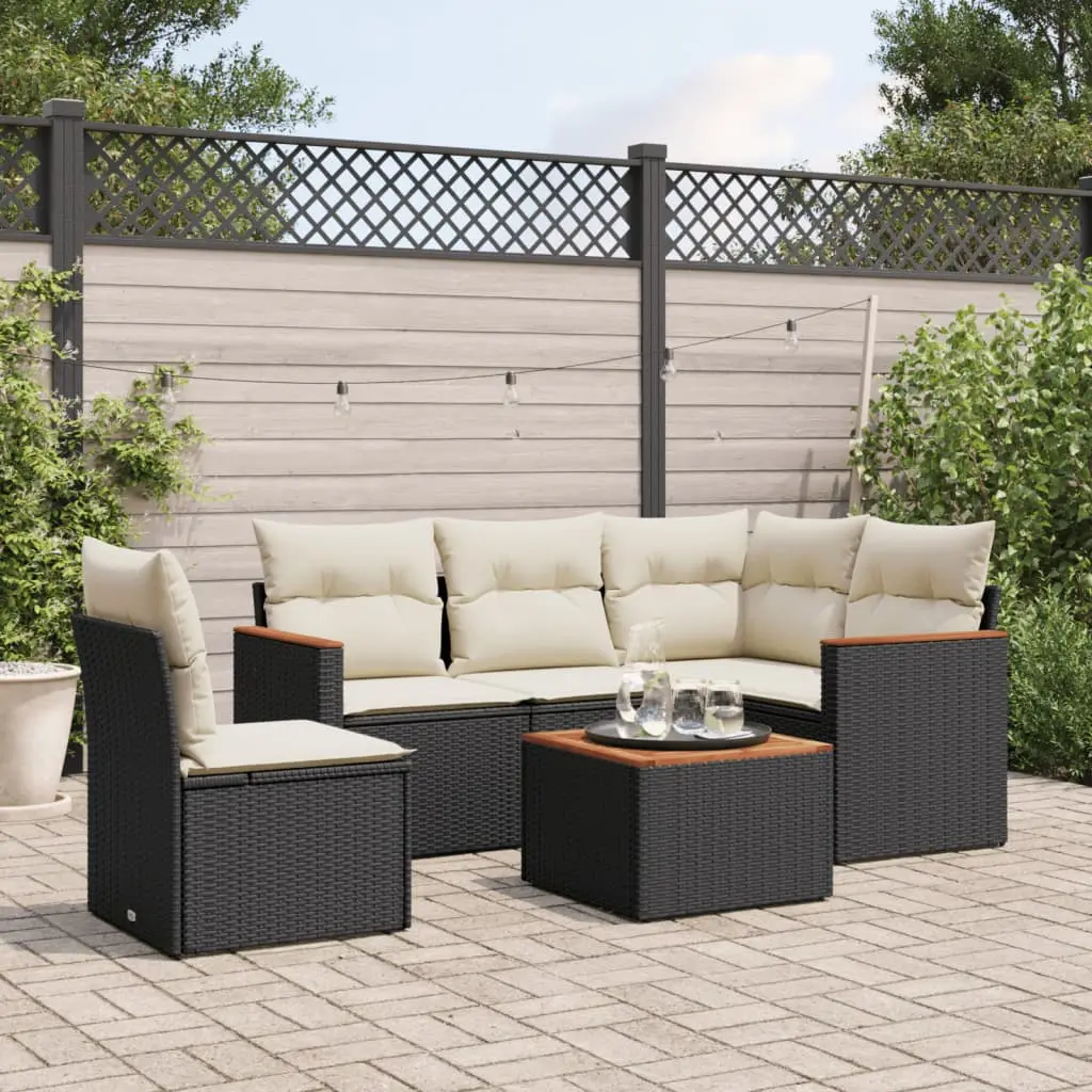 Ensemble canapés de jardin 6 pcs Résine tressée et Bois d’acacia Coussins amovibles pour Terrasse Noir et Crème – ComfortXL Outdoor Living