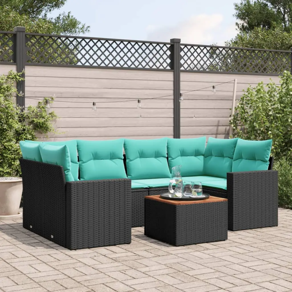 Ensemble Canapé Jardin XXL 7 Pièces Résine Tressée Noire Rangement Coussins Bleus Modulable – ComfortXL Outdoor Living