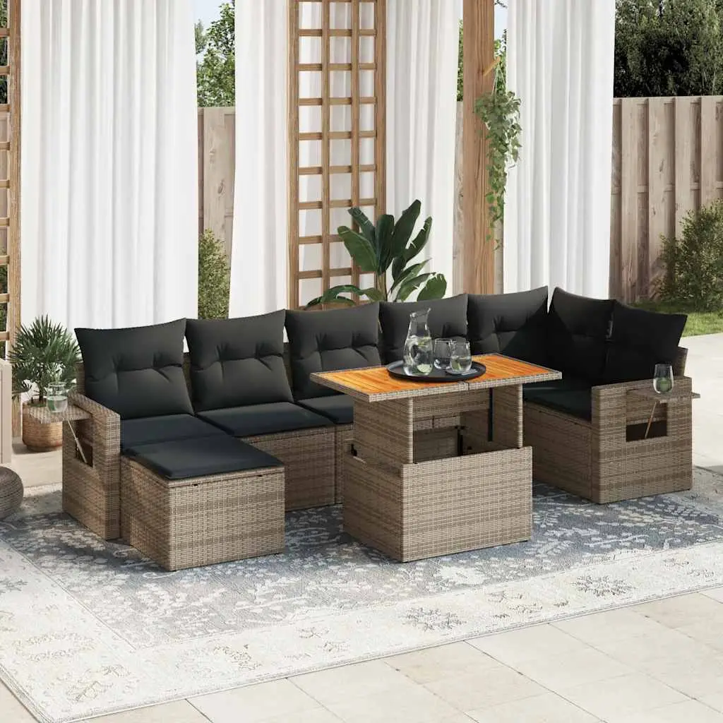 Ensemble de jardin 8 pièces en résine tressée avec table extensible et rangements Gris – ComfortXL Outdoor Living