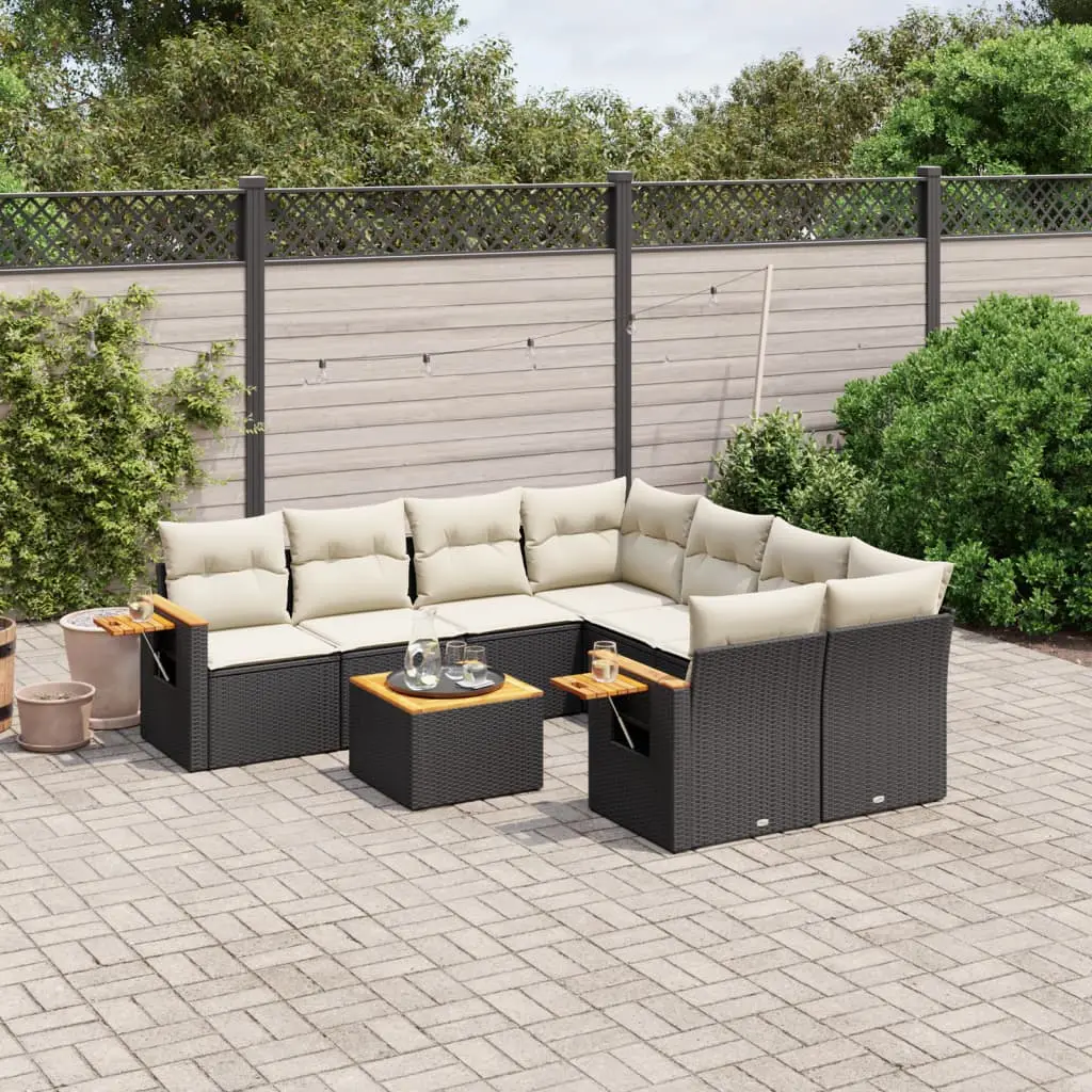 Ensemble de jardin 9 pcs résine tressée noire avec rangement et coussins blanc crème – ComfortXL Outdoor Living