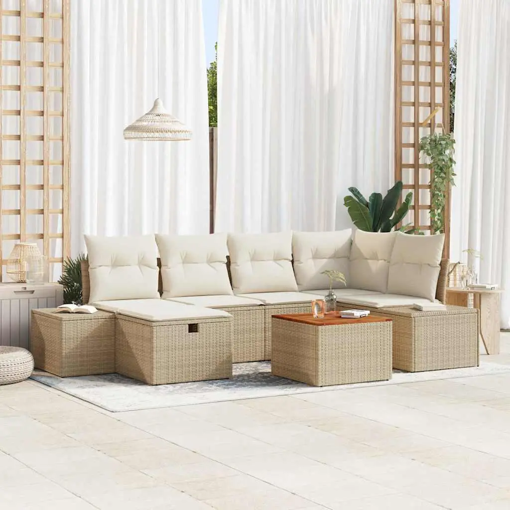 Ensemble de Jardin 7 Pièces Poly Rotin et Bois 6 Places avec Rangement Intégré Beige – ComfortXL Outdoor Living