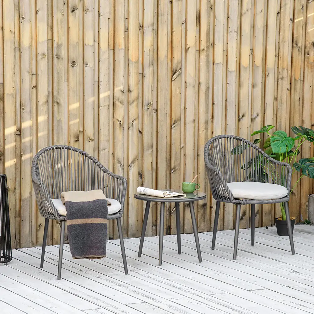 Ensemble de jardin salon de jardin en résine tressée cadre en acier 2 fauteuils + 1 table basse coussins inclus gris