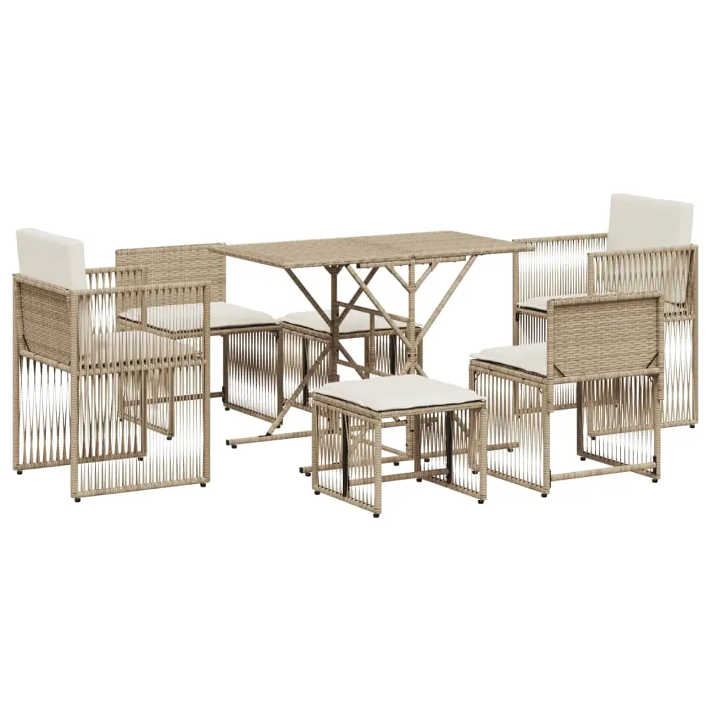 Ensemble de 7 pcs table de jardin et chaises avec coussins – mobilier de jardin beige poly rotin-JU2682