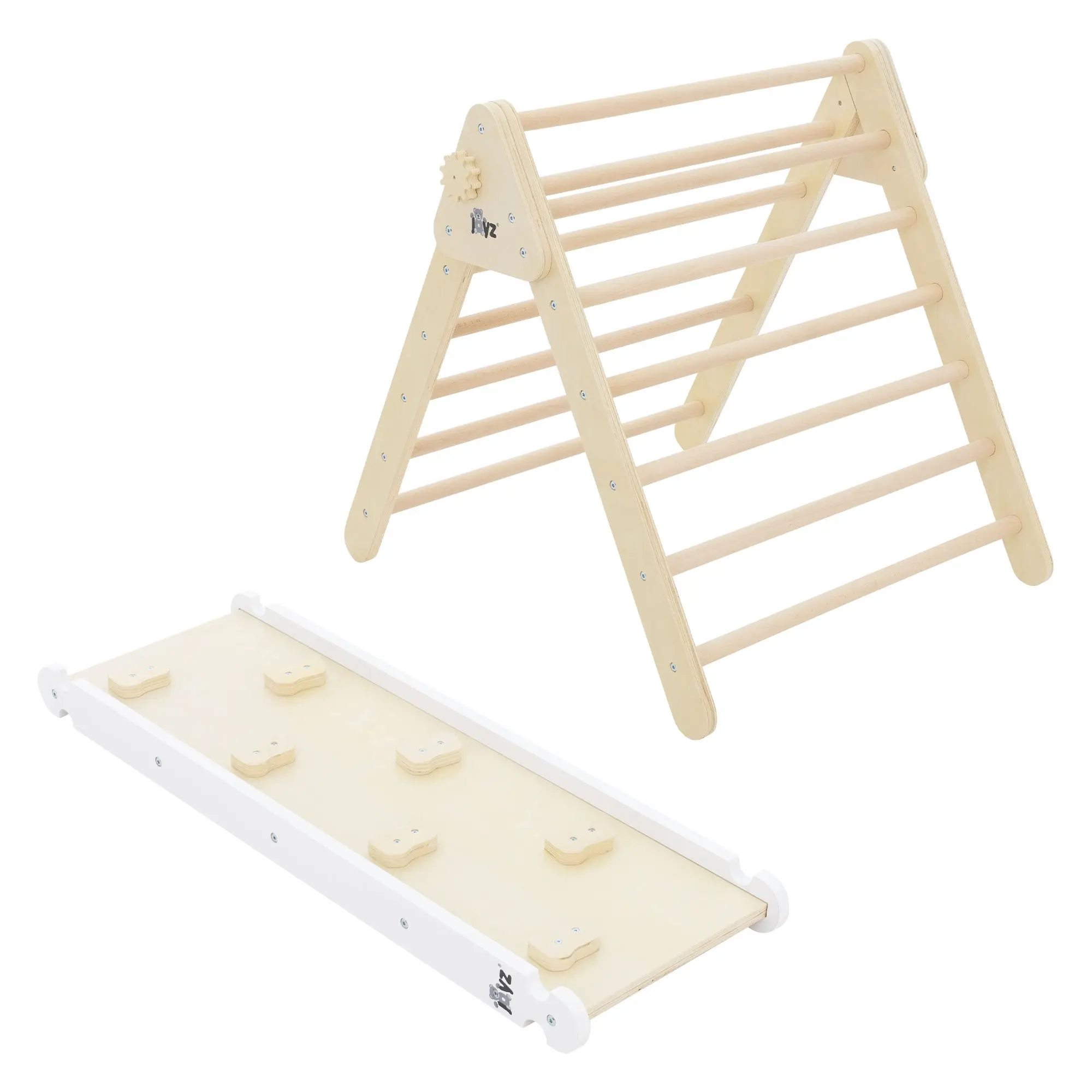 Ensemble d’escalade enfants blanc-naturel en bois avec triangle à grimper et planche de glisse à partir de 2 ans développe la motricité l’équilibre