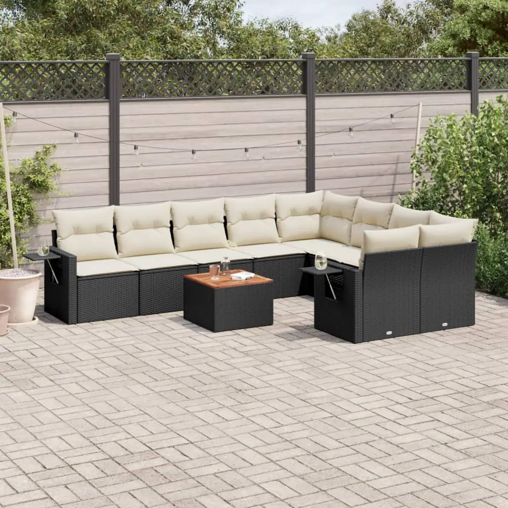 Ensemble Canapé Extérieur 9 Personnes Poly Rotin Noir Coussins Crème Table Basse en Bois – ComfortXL Outdoor Living