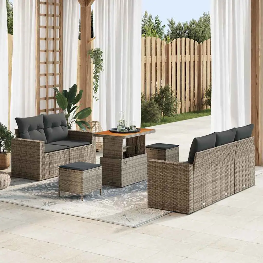 Ensemble de Jardin Dîner Résine Tressée et Bois Modulable 8 Pièces 7 Places Table Réglable Gris – ComfortXL Outdoor Living
