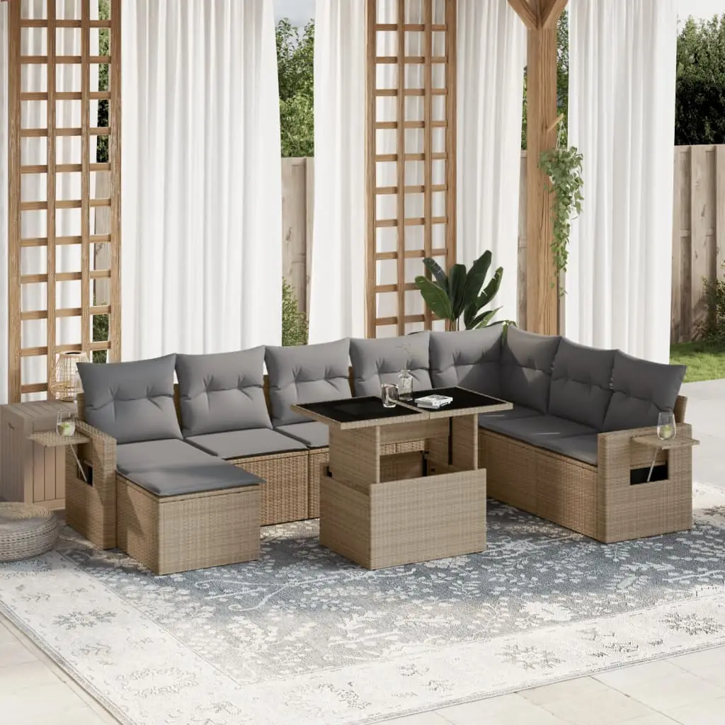 Ensemble de jardin 9 places en résine tressée avec table ajustable et coussins beige – ComfortXL Outdoor Living