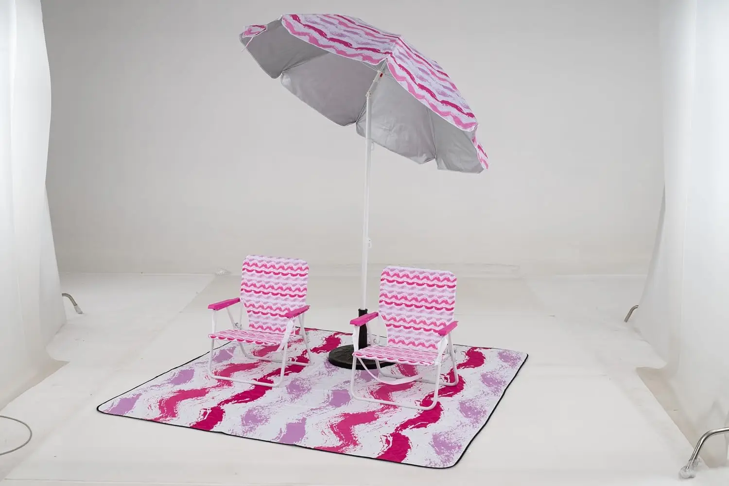 Ensemble de Plage 4 Pièces avec Parasol, 2 Chaises Pliables et Tapis de Pique-Nique, Parasol Portable Inclinable, Sac de Transport, Rose