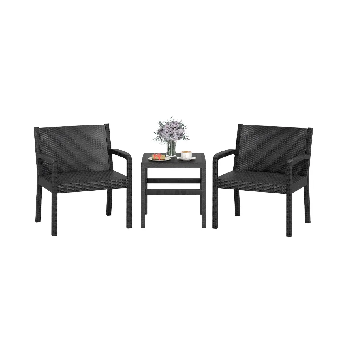 Ensemble de Meubles 3 Pièces de Patio en Rotin Salon de Jardin Extérieur – 2 Fauteuils Table d’Appoint Carrée Noir MAISON CHIC