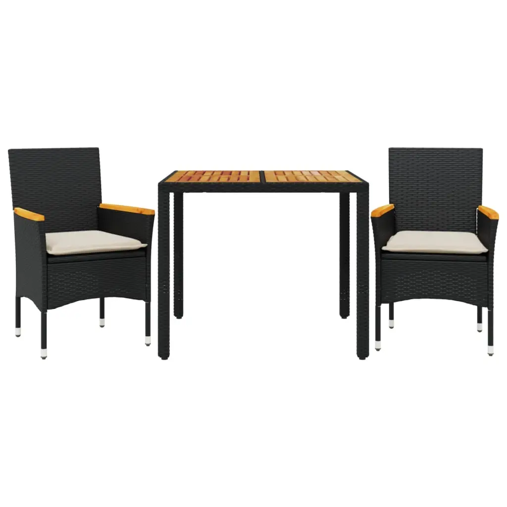 Ensemble de 3 pcs table de jardin et chaises avec coussins – mobilier de jardin noir rotin acacia-JU2685