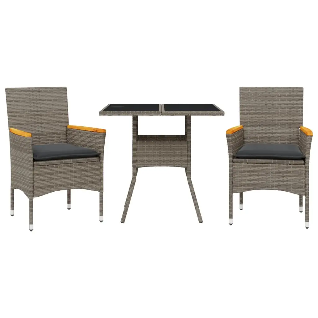 Ensemble de 3 pcs table de jardin et chaises avec coussins – mobilier de jardin gris rotin verre