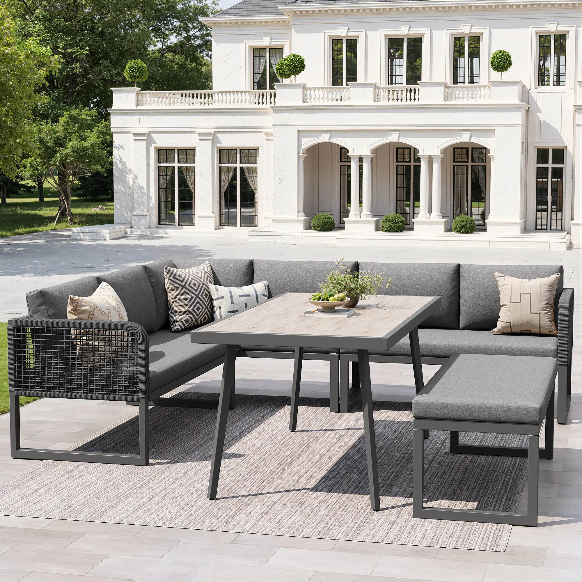 Ensemble de meubles de jardin avec coussins de haute qualité, rotin PE tressé à la main, résistant aux intempéries, gris