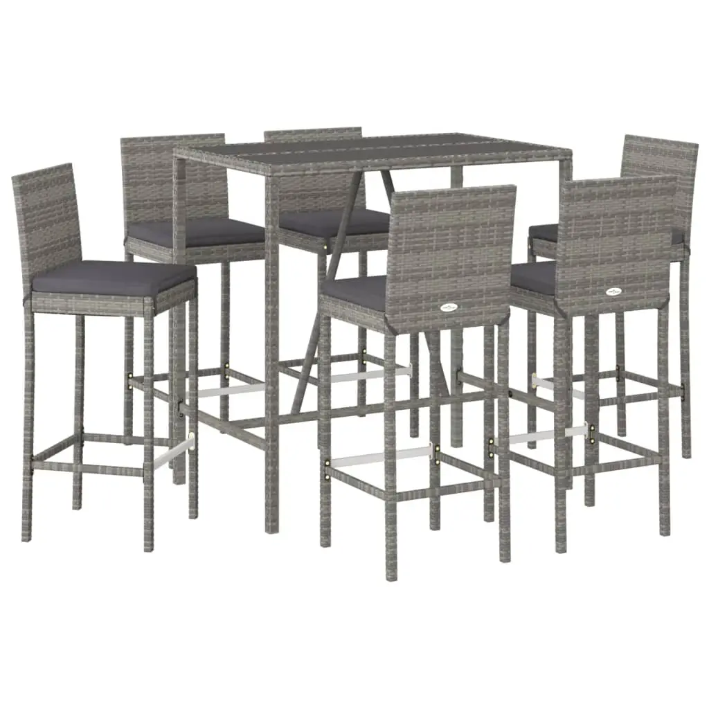 Ensemble de bar de jardin 7 pièces avec coussins gris poly rotin