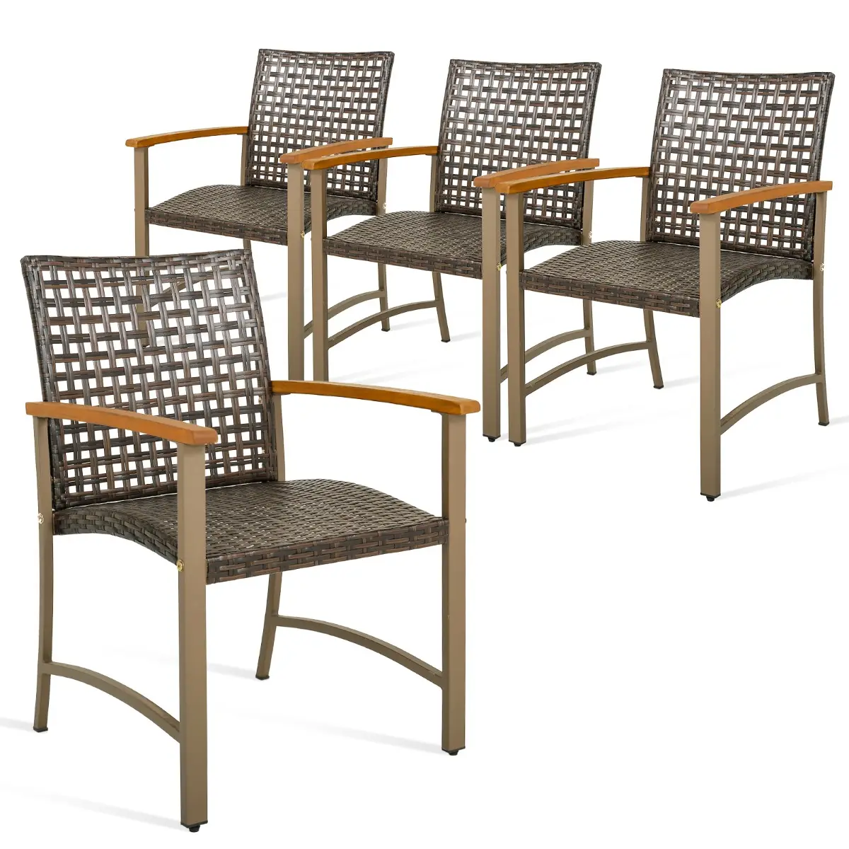 Ensemble de 4 Chaises en Rotin pour l’Extérieur Chaises avec Accoudoirs en Bois d’Acacia Structure Métallique Robuste Chaises Ergonomiques