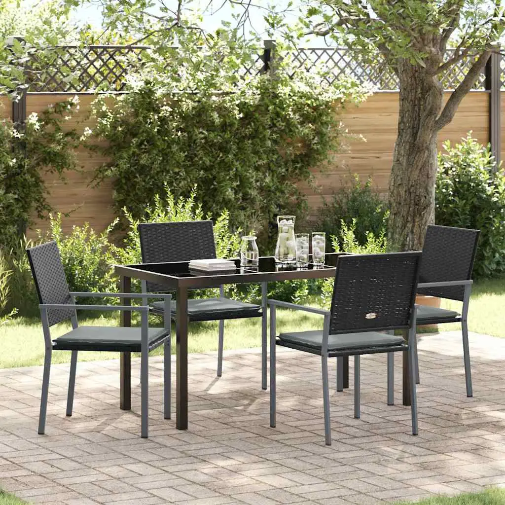 Ensemble de Repas Extérieur 5 Pièces Résine Tressée Table en Verre pour 4 Personnes Noir – ComfortXL Outdoor Living