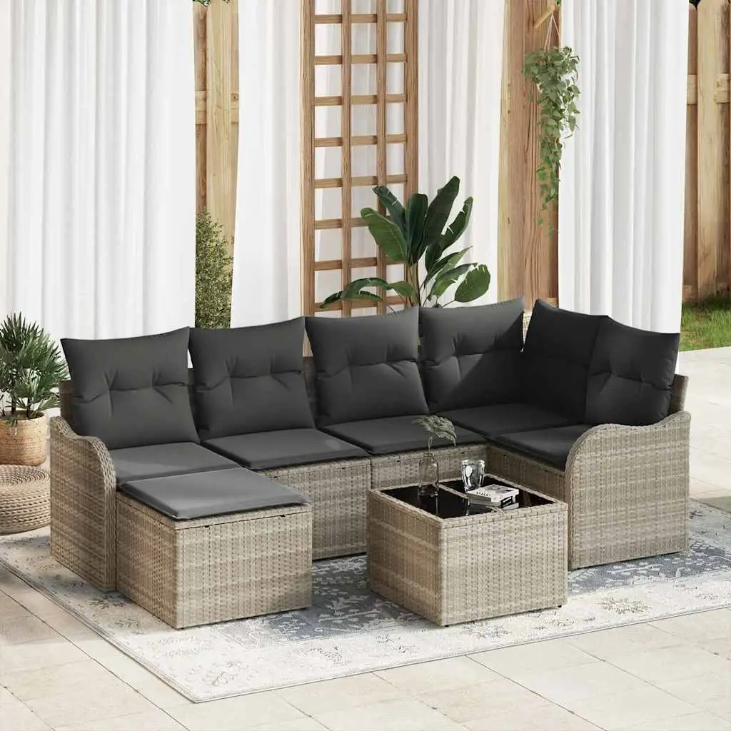 Ensemble de jardin 7 pièces Poly rotin avec Coussins et table pour Balcon Gris Clair – ComfortXL Outdoor Living