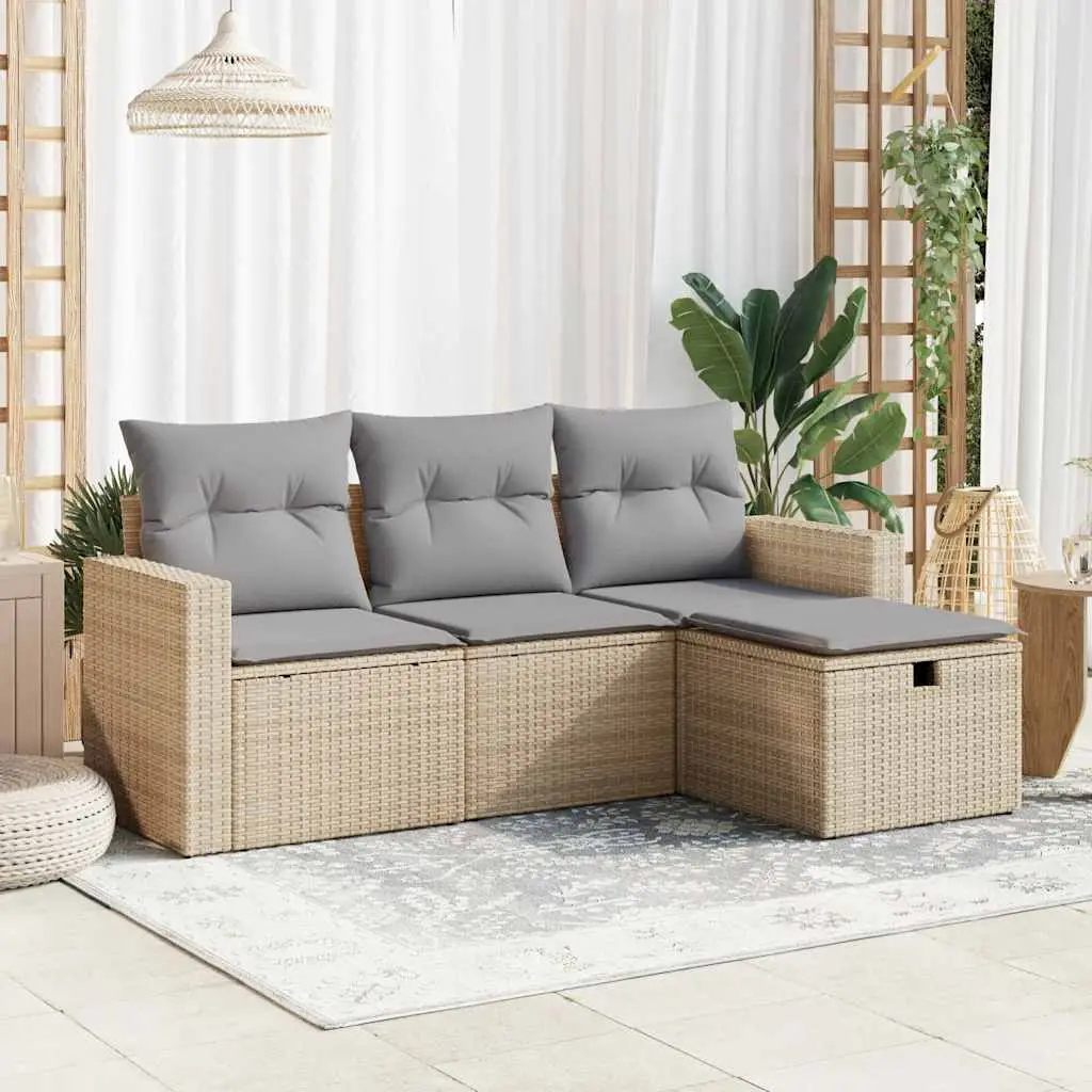 Ensemble d’extérieur 4 places résine tressée avec coffres de rangement et pouf Beige – ComfortXL Outdoor Living