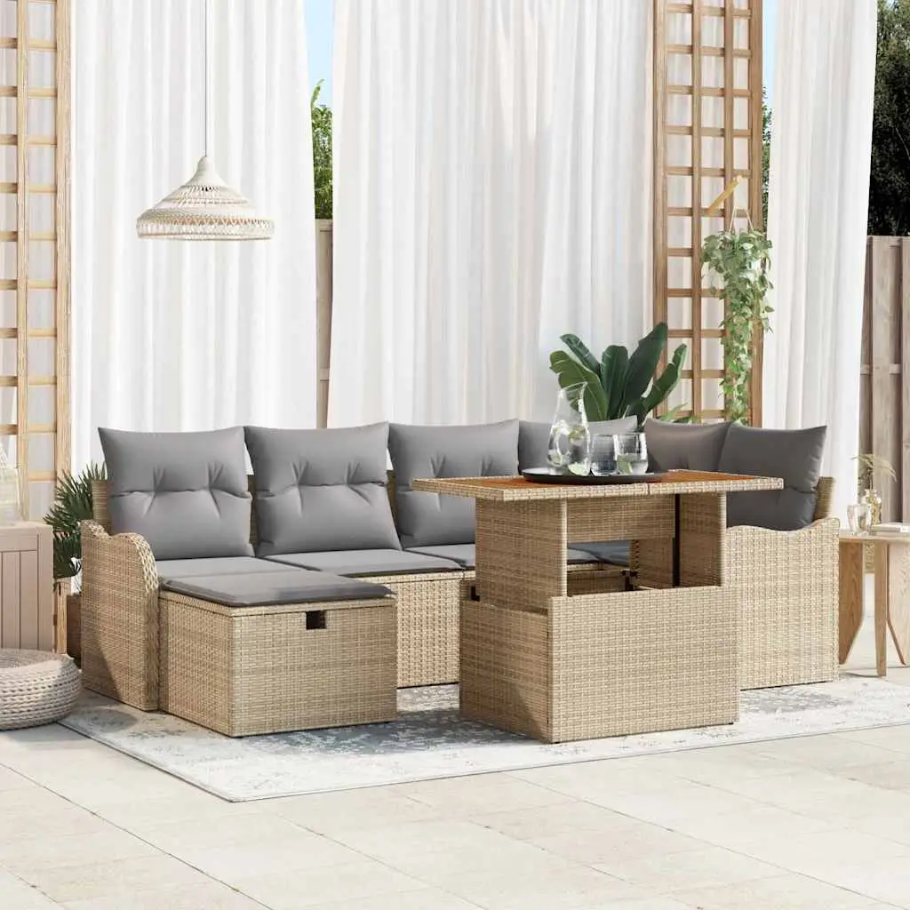Ensemble canapé de jardin design 6 places résine tressée et acacia massif modulable Beige – ComfortXL Outdoor Living