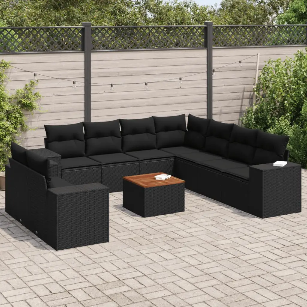 Ensemble canapé de jardin 10p résine tressée modulable table acacia pour extérieur Noir et coussins Noirs – ComfortXL Outdoor Living