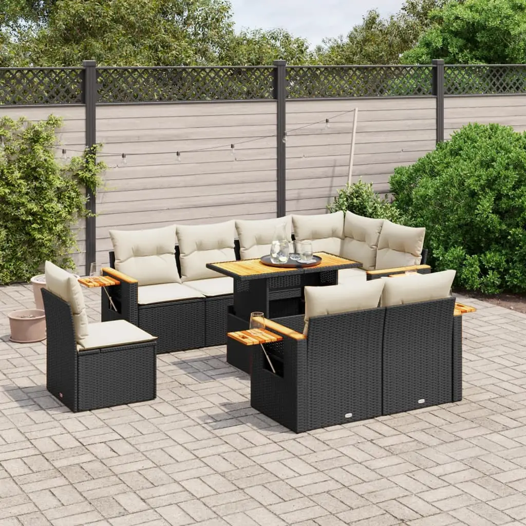 Ensemble canapés 9 pcs Noir Résine Tressée Table Relevable et Tablettes Côté – ComfortXL Outdoor Living