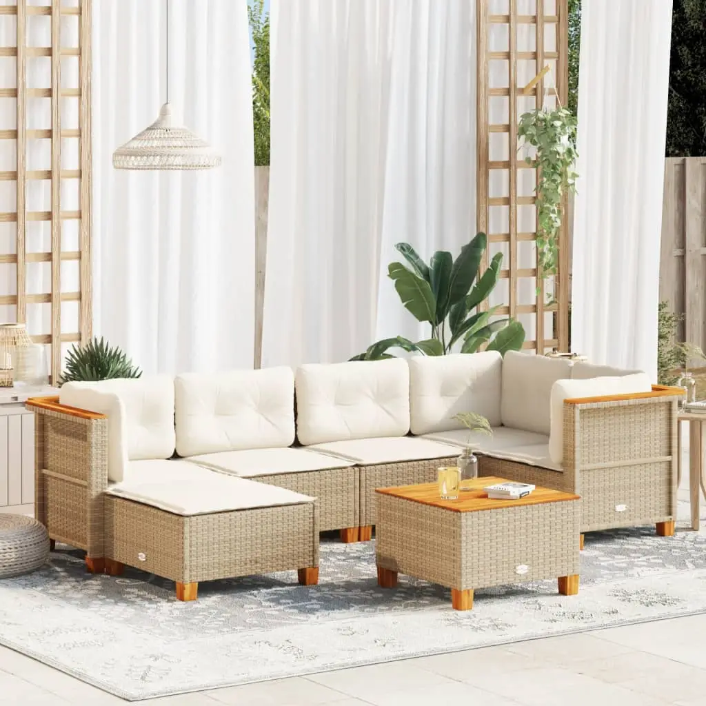 Ensemble de Jardin 7 Pièces Résine Tressée Bois Modulable avec Table Basse Beige – ComfortXL Outdoor Living