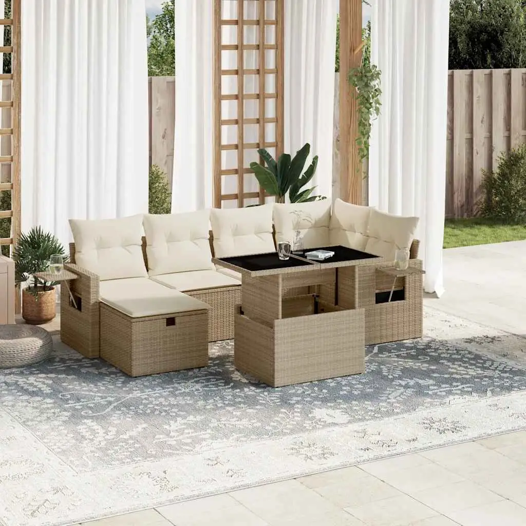 Ensemble de Jardin 7 Personnes Résine Tressée Table Relevable Modulable Beige – ComfortXL Outdoor Living