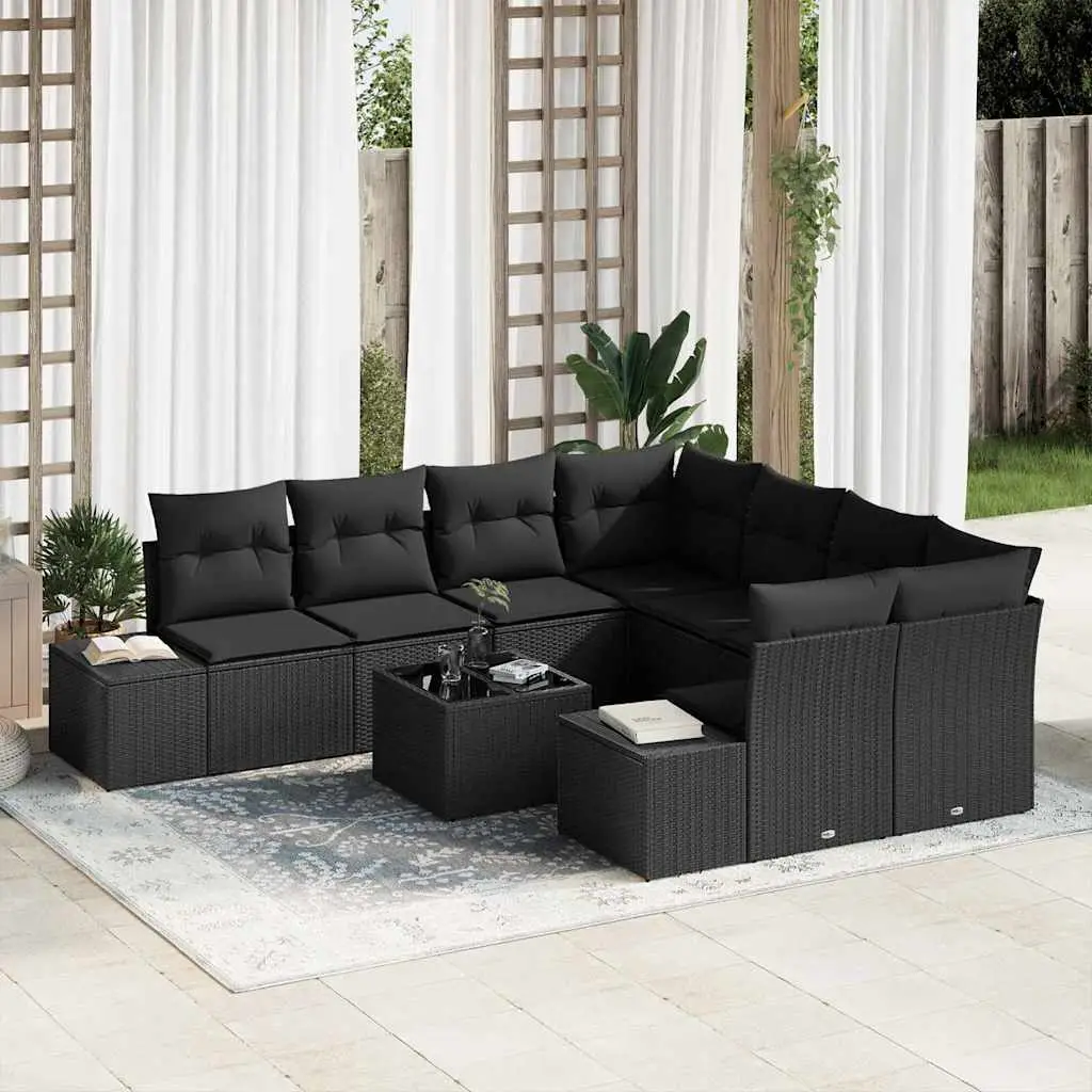 Ensemble de canapé de jardin avec coussin 9 pcs Noir polyrotin vidaXL 3355672