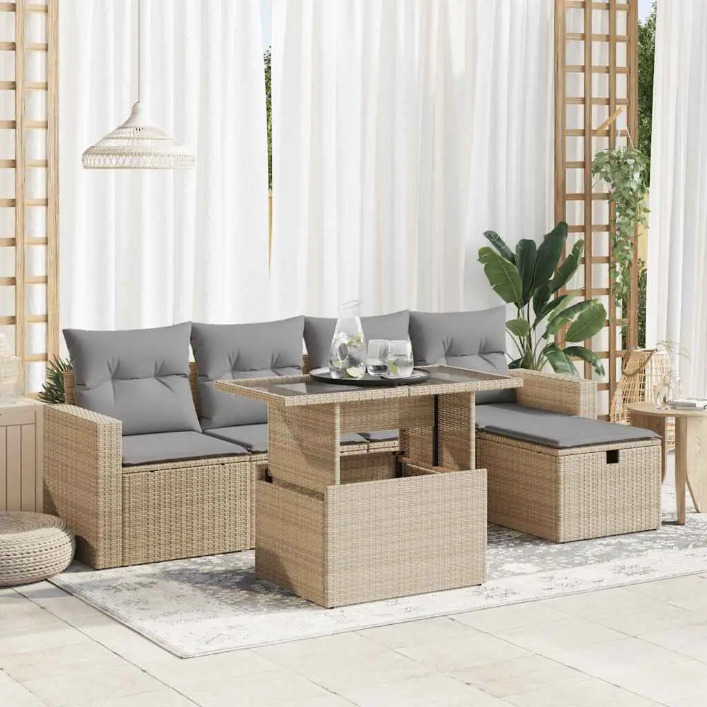 Ensemble de jardin 6 places résine tressée modulable avec coffre de rangement Beige – ComfortXL Outdoor Living