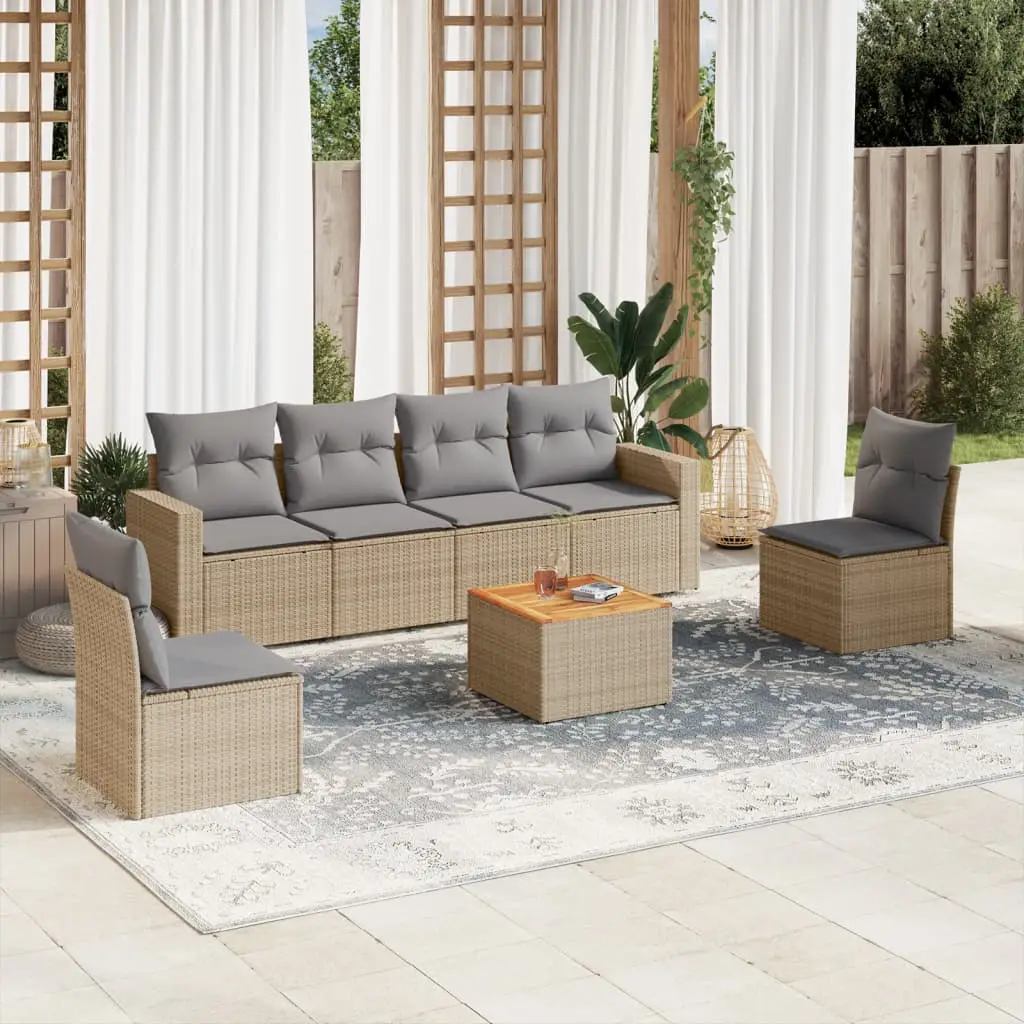 Ensemble de jardin 7 pcs poly rotin modulable avec rangement et table bois Mélange Beige – ComfortXL Outdoor Living