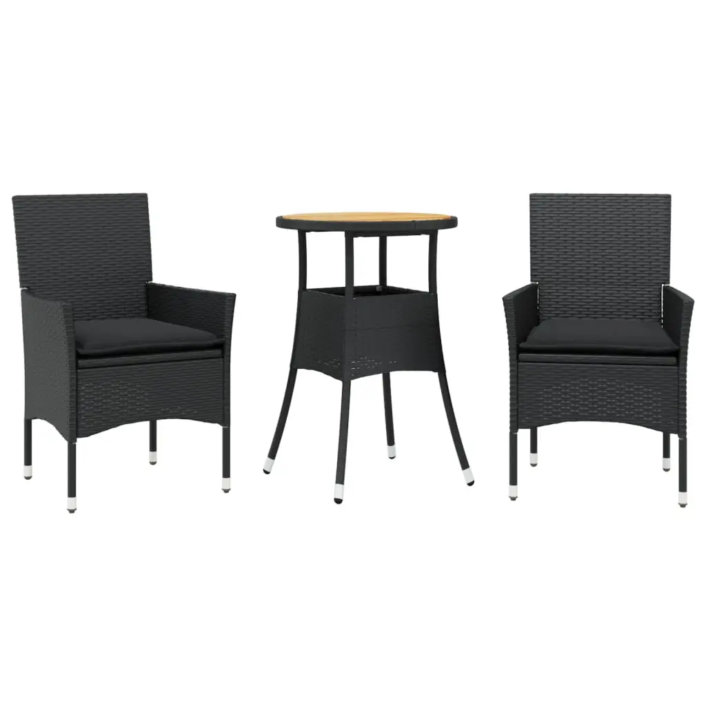 Ensemble de 3 pcs table de jardin et chaises avec coussins – mobilier de jardin noir rotin acacia-JU2718